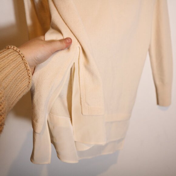 Vince V Neck Sweater Wool Cashmere Blend XS Silk Layered Blouse Hem Beige Tunic - Picture 4 of 6